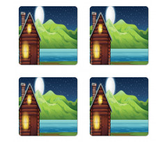 Cabin near River at Night Coaster Set Of Four