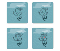 Hand Drawn Man Under the Rain Coaster Set Of Four