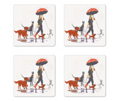 Girl with Dogs in Rain Coaster Set Of Four