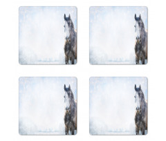 Grey Horse Snow Scenery Coaster Set Of Four