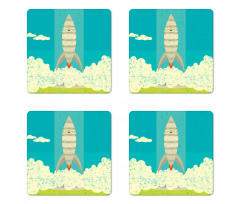 Flying Rocket Clouds Art Coaster Set Of Four