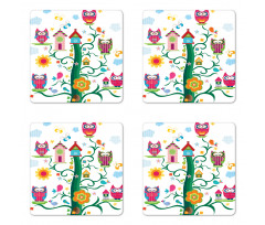 Owls on Tree with Dots Coaster Set Of Four