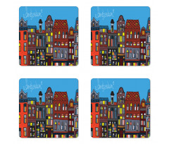 Graphic Colorful Houses Coaster Set Of Four