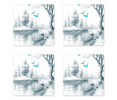 Boat on River Drawing Coaster Set Of Four
