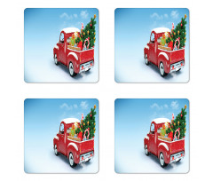 Red Truck Xmas Tree Coaster Set Of Four