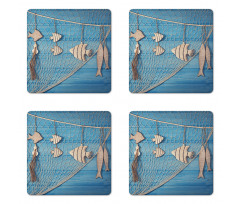 Wooden Fish Shell on Net Coaster Set Of Four