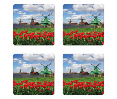 Red Color Tulips Field Coaster Set Of Four