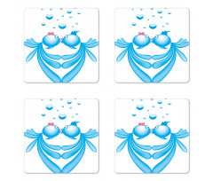 Blue Cartoon Fishes Heart Coaster Set Of Four