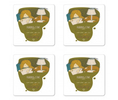 Girl and Cat Sleep on Book Coaster Set Of Four