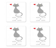 Grey Cat Red Heart Coaster Set Of Four