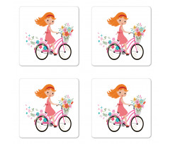 Happy Girl on Bike Flowers Coaster Set Of Four