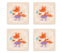 Fox with Clothing Flowers Coaster Set Of Four