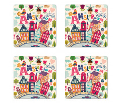 Cartoon Amsterdam Houses Coaster Set Of Four