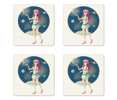 Girl with Stars in Space Coaster Set Of Four