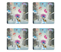 Cartoon Snowman and Umbrella Coaster Set Of Four