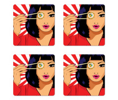 Pop Art Style Girl with Sushi Coaster Set Of Four