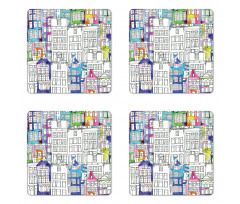 Watercolor Sketch Houses Coaster Set Of Four