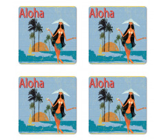 Brunette Hair Hawaiian Lady Coaster Set Of Four