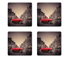 Retro Car on Cobblestone Road Coaster Set Of Four