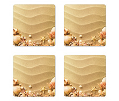 Various Seashells on Sand Coaster Set Of Four