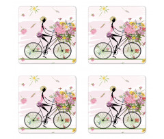 Girl Riding Bike Flowers Coaster Set Of Four