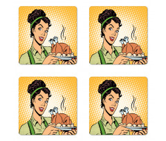 Woman with Cooked Chicken Coaster Set Of Four