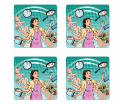 Pop Art Busy Woman Housework Coaster Set Of Four