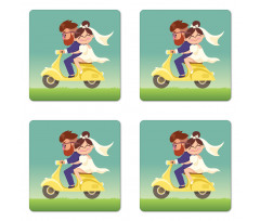 Happy Newlyweds on a Scooter Coaster Set Of Four