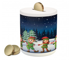 Snowing Forest and Children Piggy Bank