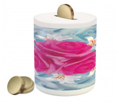 Graphic Roses and Lilies Piggy Bank