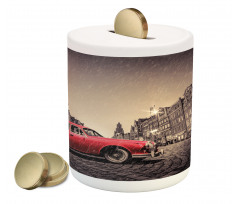 Retro Car on Cobblestone Road Piggy Bank