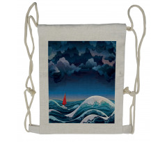 Night Seascape Boat Drawstring Backpack