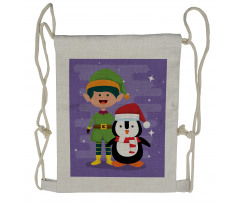 Elf and Penguin Merry Christmas Drawstring Backpack
