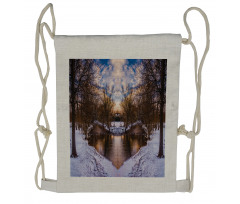 Snowy Winter Park Lake Drawstring Backpack