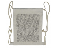 Vintage Greyscale Flowers Drawstring Backpack