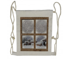 Rustic Snowy Woodsy Frame Drawstring Backpack