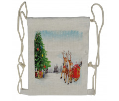 Snowy Village Sleigh Tree Drawstring Backpack