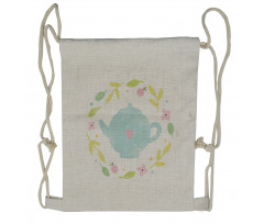 Grungy Teapot Floral Wreath Drawstring Backpack