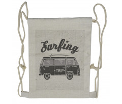 Vintage Van and Surfing Words Drawstring Backpack