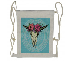 Buffalo Skull with Flowers Drawstring Backpack