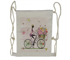 Girl Riding Bike Flowers Drawstring Backpack