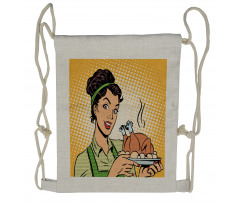 Woman with Cooked Chicken Drawstring Backpack