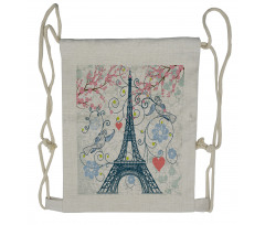 Eiffel Swirling Flowers Heart Drawstring Backpack