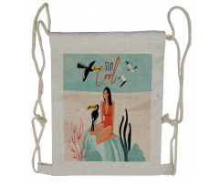 Summer Girl with Toucan Drawstring Backpack