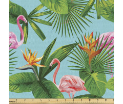 Tropikal Parça Kumaş Mavi Fon Üzerinde Pembe Flamingo Desenli