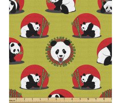 Bambu Parça Kumaş Kırmızı Dairelerde Çeşitli Panda Desenleri