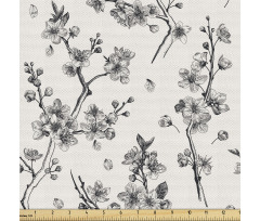 Monokrom Parça Kumaş Siyah Beyaz Botanik Çiçek Dalları Deseni