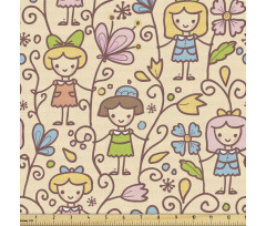 Karikatür Parça Kumaş Sevimli Kız Çocuklar ve Çiçek Dalları 