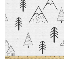 Nordik Parça Kumaş Minimalist Tasarım Monokrom Dağ ve Ağaçlar