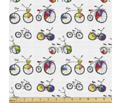 Gezinti Parça Kumaş Beyaz Fon Üzerine Karikatürize Bisikletler